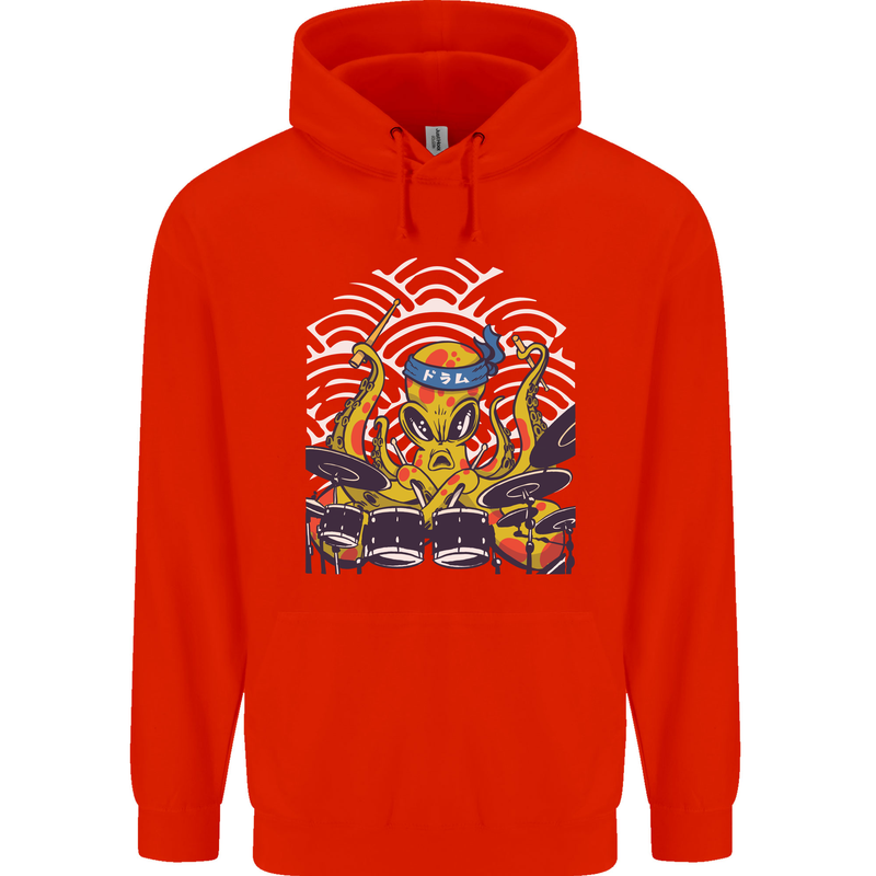 Japanese Octopus Drummer Drumming Drums Mens 80% Cotton Hoodie Bright Red