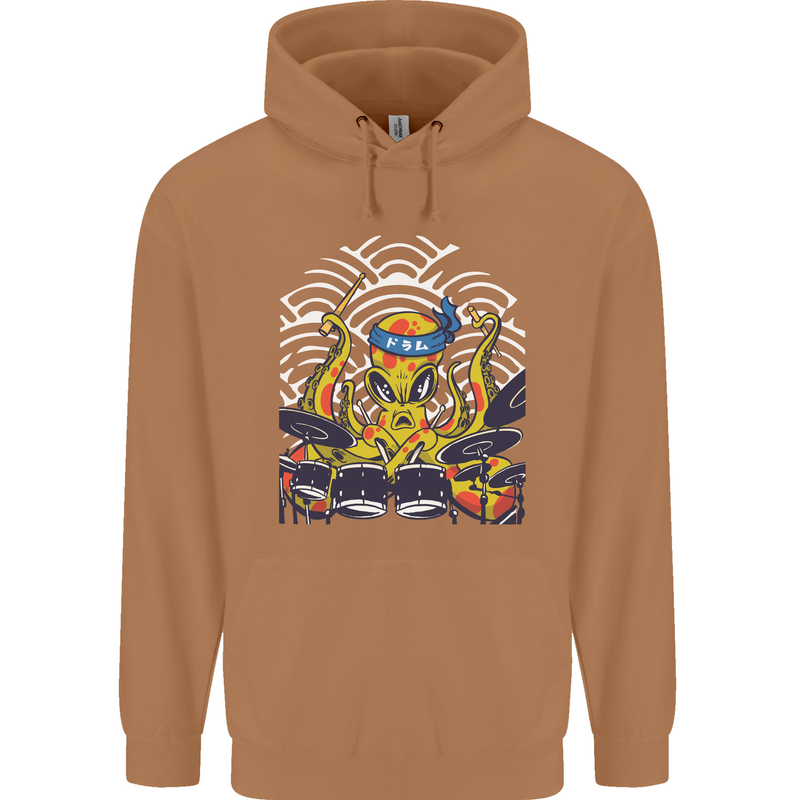 Japanese Octopus Drummer Drumming Drums Mens 80% Cotton Hoodie Caramel Latte