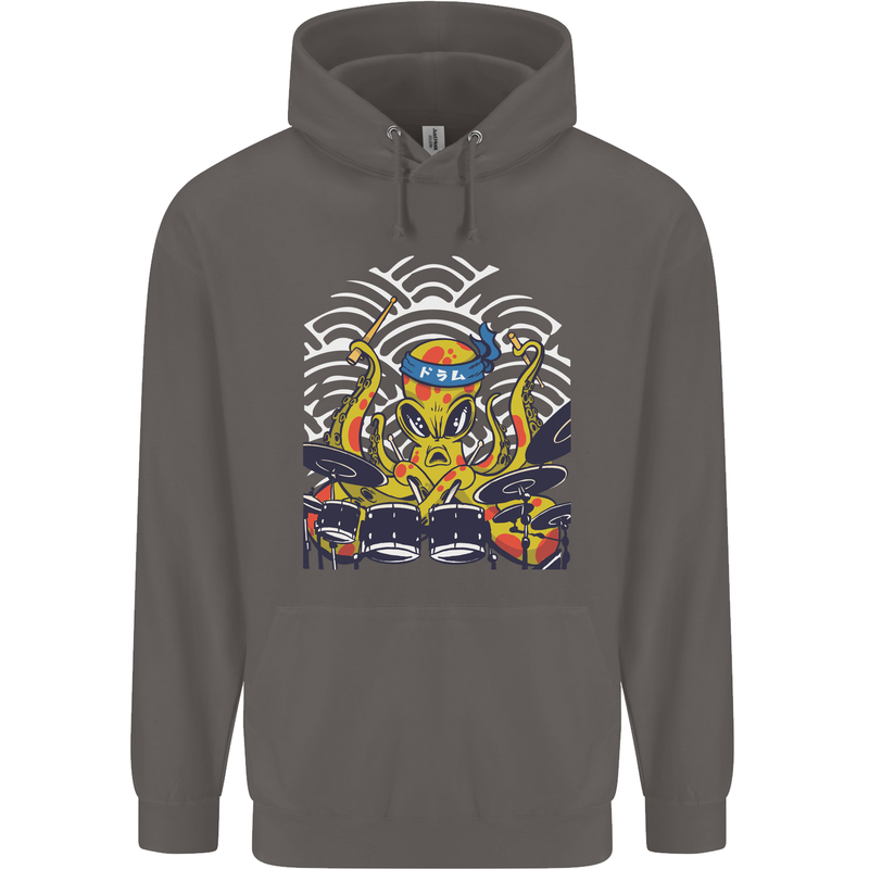 Japanese Octopus Drummer Drumming Drums Mens 80% Cotton Hoodie Charcoal