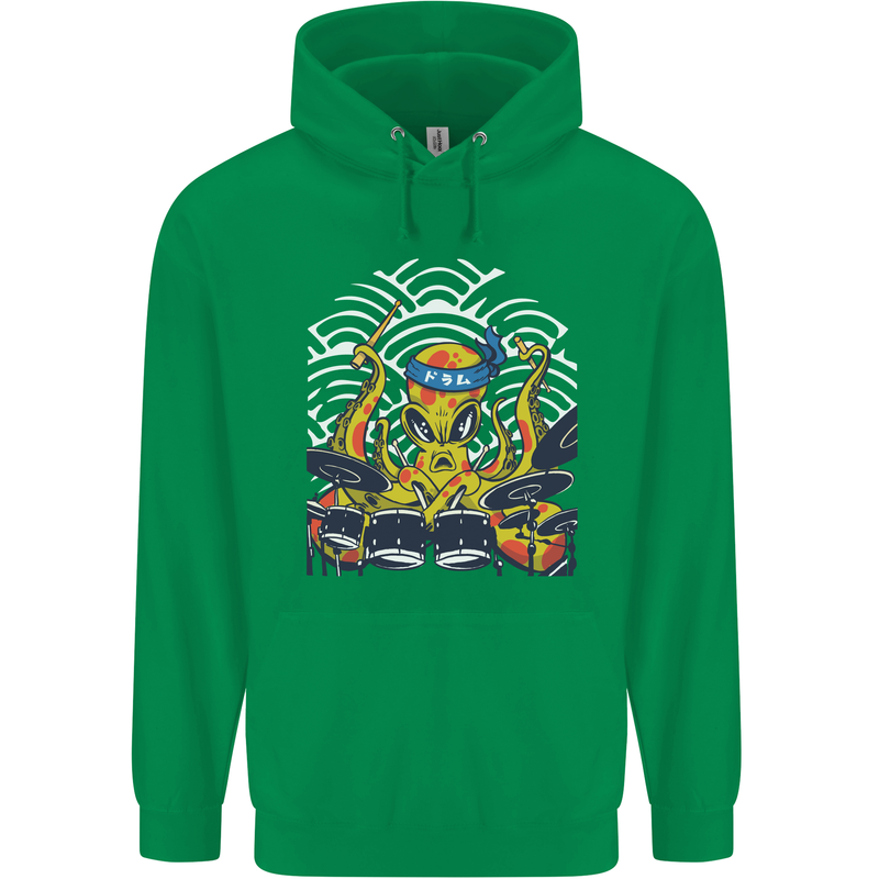 Japanese Octopus Drummer Drumming Drums Mens 80% Cotton Hoodie Irish Green