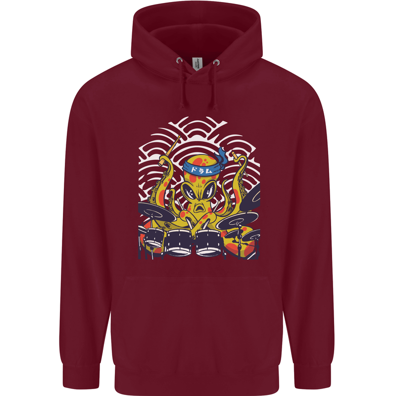 Japanese Octopus Drummer Drumming Drums Mens 80% Cotton Hoodie Maroon