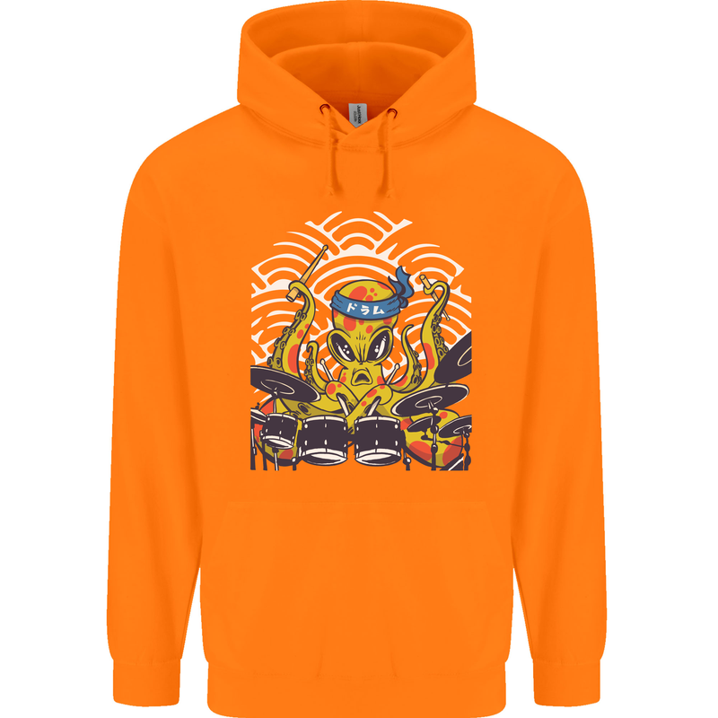 Japanese Octopus Drummer Drumming Drums Mens 80% Cotton Hoodie Orange