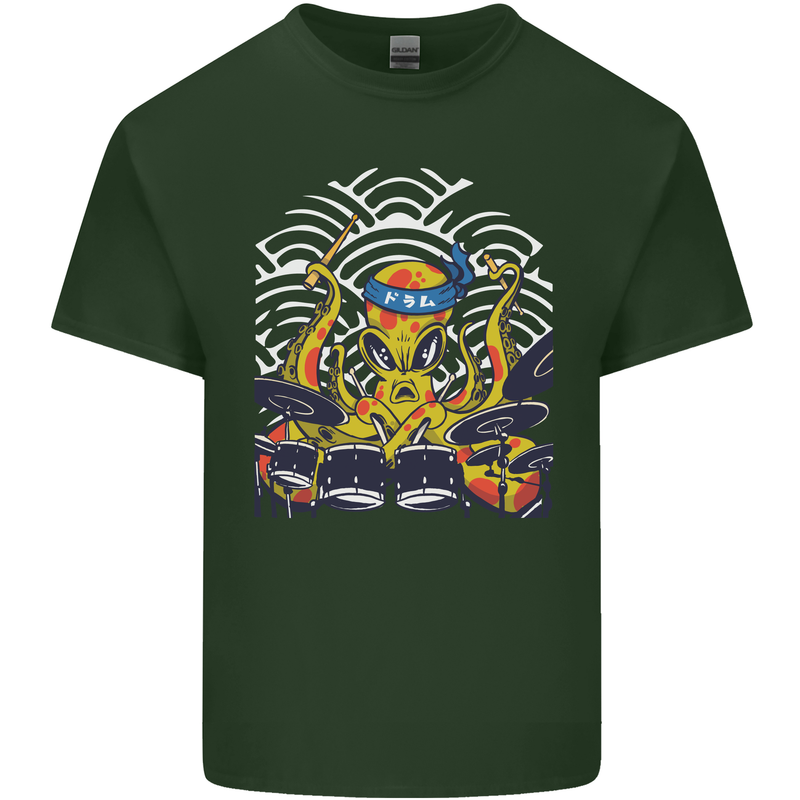 Japanese Octopus Drummer Drumming Drums Mens Cotton T-Shirt Tee Top Forest Green