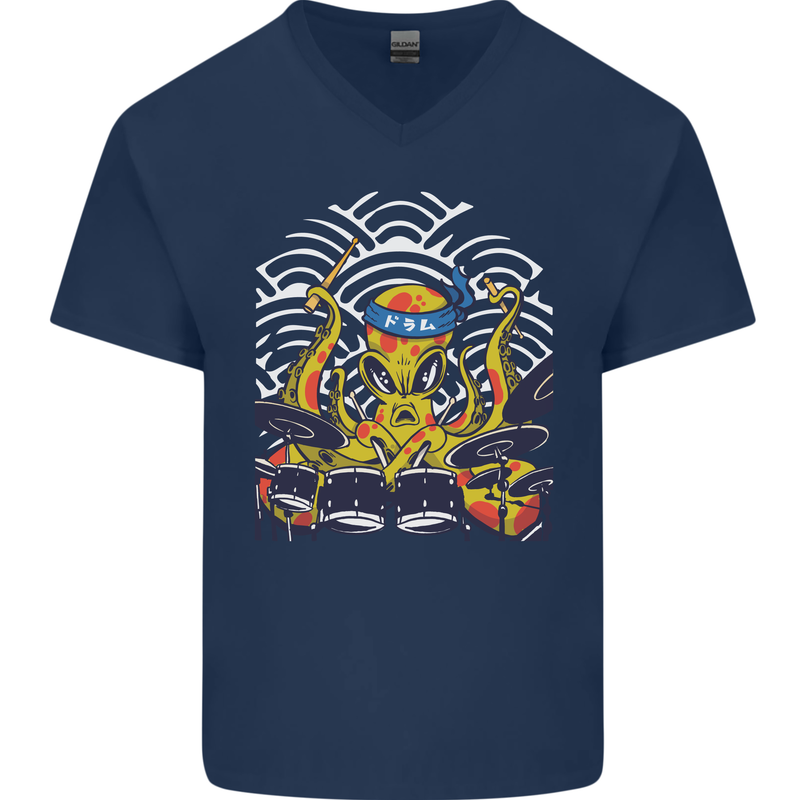 Japanese Octopus Drummer Drumming Drums Mens V-Neck Cotton T-Shirt Navy Blue