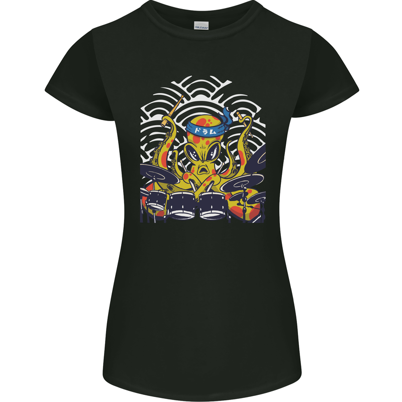 Japanese Octopus Drummer Drumming Drums Womens Petite Cut T-Shirt Black