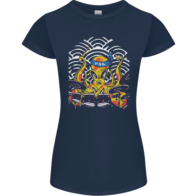 Japanese Octopus Drummer Drumming Drums Womens Petite Cut T-Shirt Navy Blue