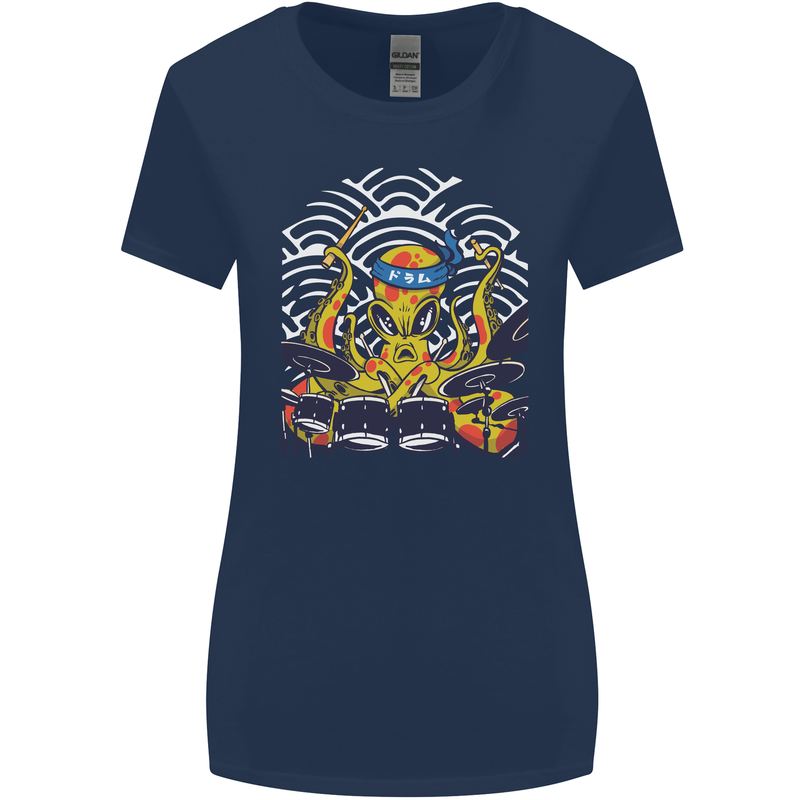 Japanese Octopus Drummer Drumming Drums Womens Wider Cut T-Shirt Navy Blue