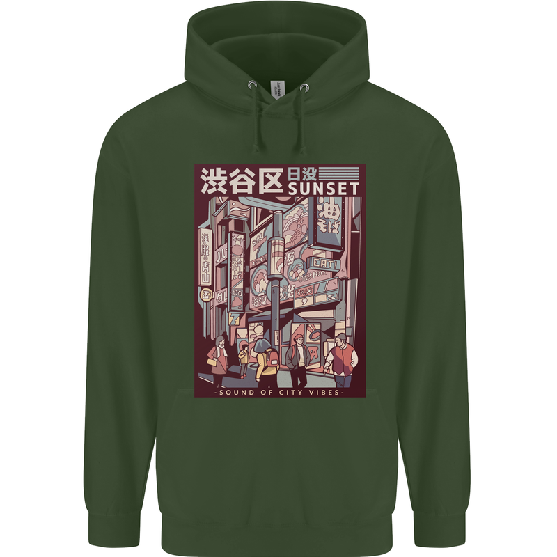 Japanese Sound of City Vibes Japan Childrens Kids Hoodie Forest Green