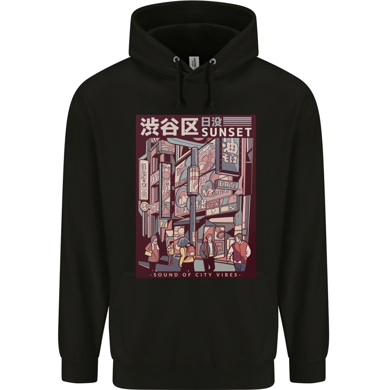 Japanese Sound of City Vibes Japan Mens 80% Cotton Hoodie Black