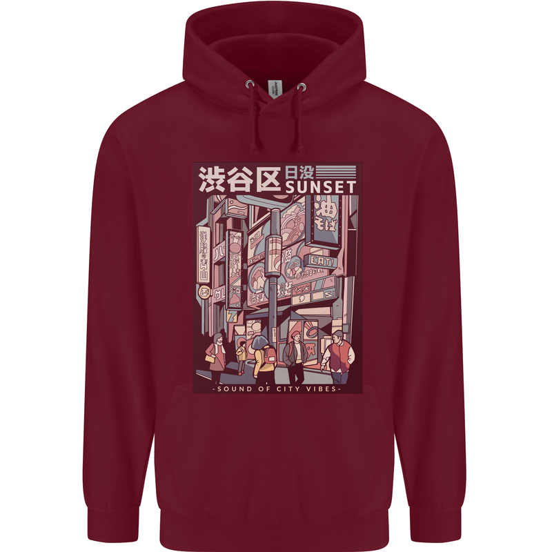 Japanese Sound of City Vibes Japan Mens 80% Cotton Hoodie Maroon