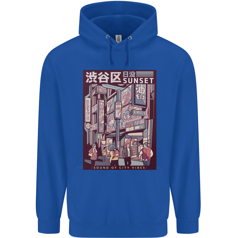 Japanese Sound of City Vibes Japan Mens 80% Cotton Hoodie Royal Blue