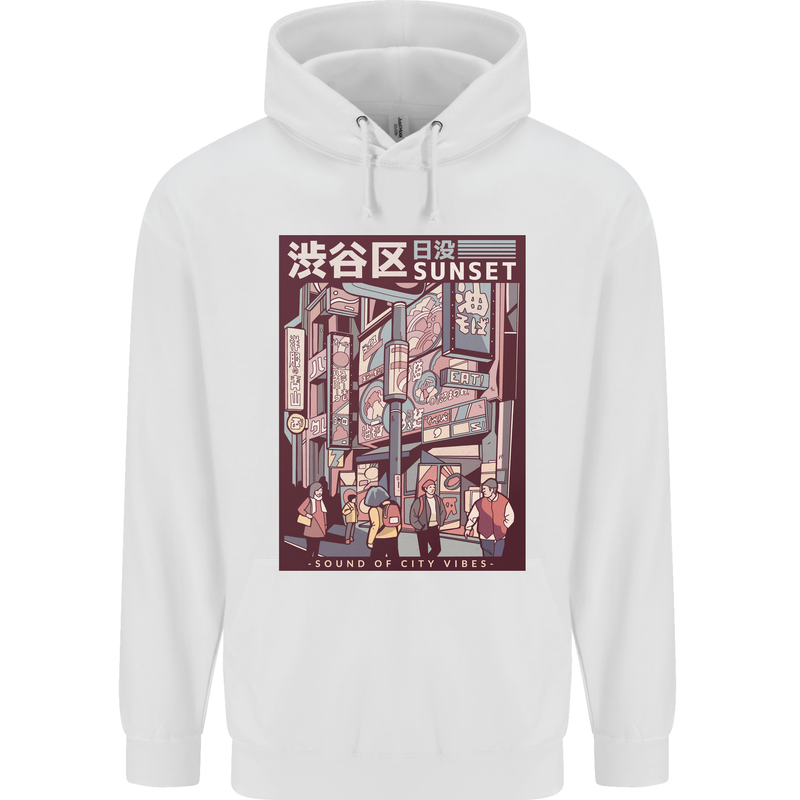 Japanese Sound of City Vibes Japan Mens 80% Cotton Hoodie White