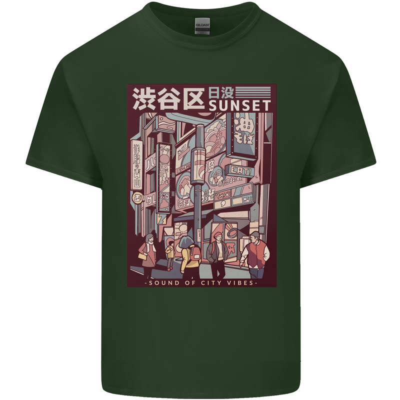 Japanese Sound of City Vibes Japan Mens Cotton T-Shirt Tee Top Forest Green