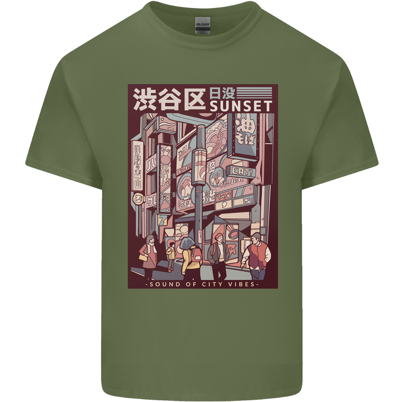 Japanese Sound of City Vibes Japan Mens Cotton T-Shirt Tee Top Military Green