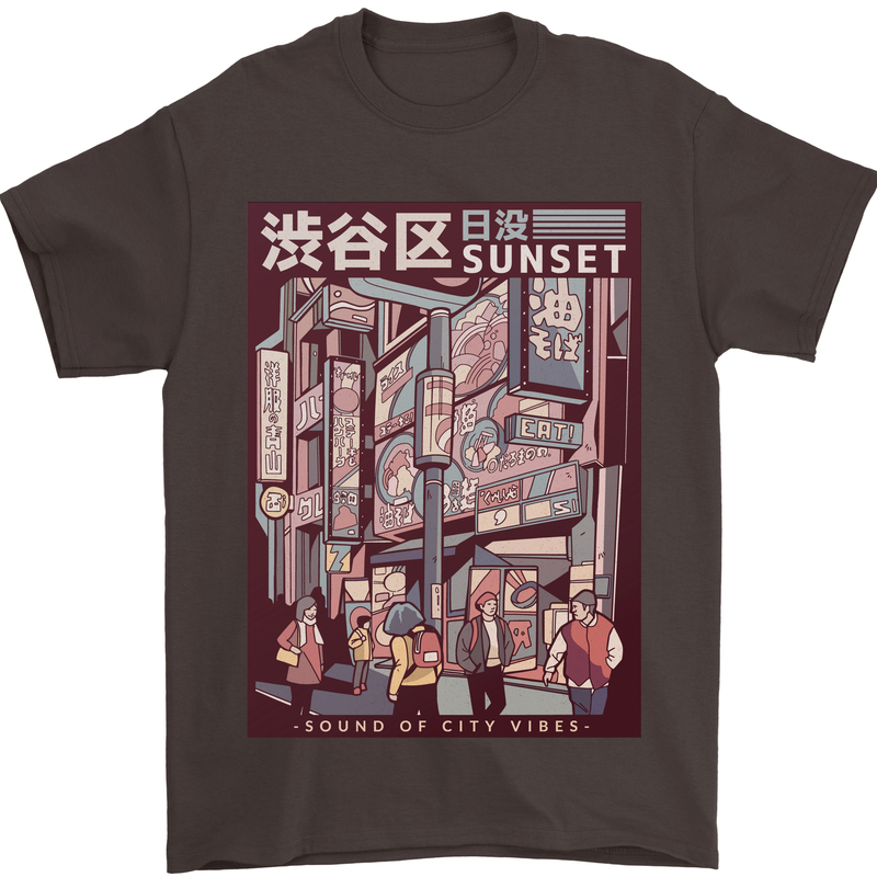 Japanese Sound of City Vibes Japan Mens T-Shirt Cotton Gildan Dark Chocolate