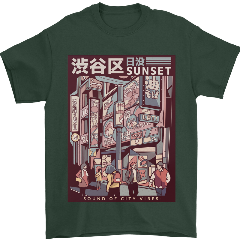 Japanese Sound of City Vibes Japan Mens T-Shirt Cotton Gildan Forest Green