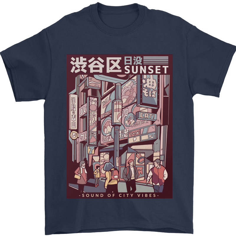 Japanese Sound of City Vibes Japan Mens T-Shirt Cotton Gildan Navy Blue