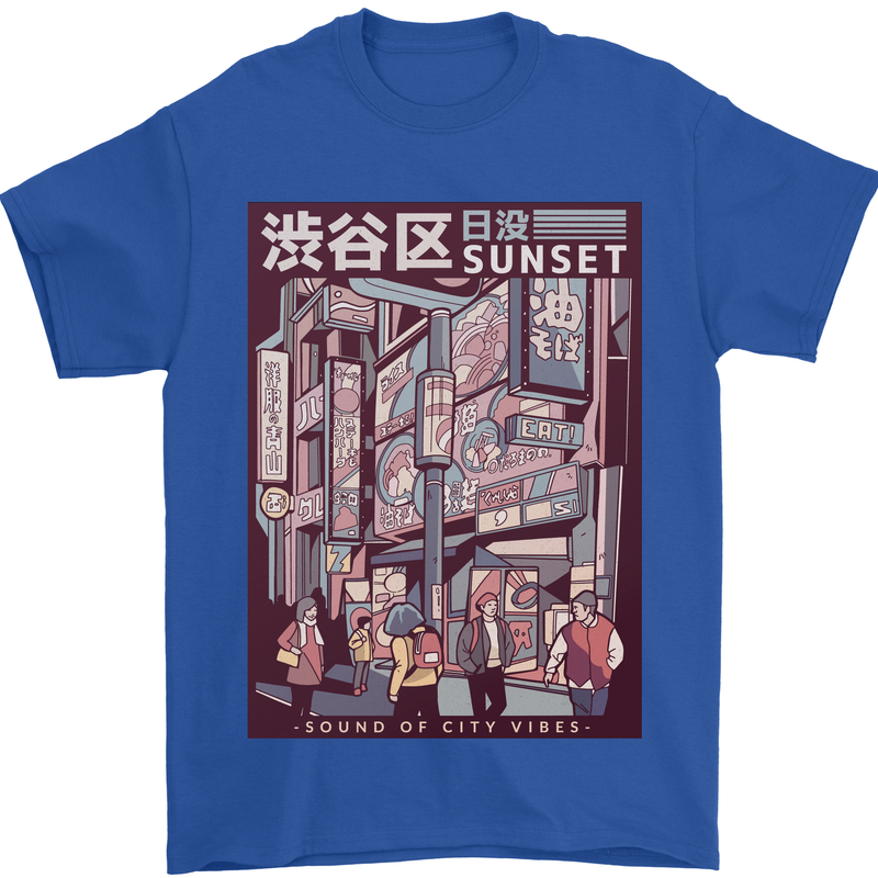 Japanese Sound of City Vibes Japan Mens T-Shirt Cotton Gildan Royal Blue