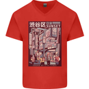 Japanese Sound of City Vibes Japan Mens V-Neck Cotton T-Shirt Red