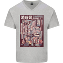 Japanese Sound of City Vibes Japan Mens V-Neck Cotton T-Shirt Sports Grey