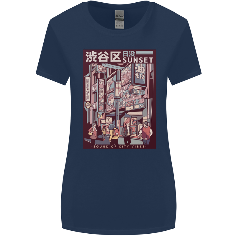 Japanese Sound of City Vibes Japan Womens Wider Cut T-Shirt Navy Blue