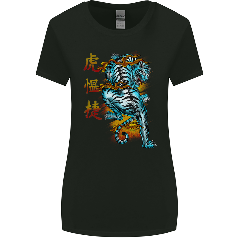 Japanese Tiger Japan Text Dragon Womens Wider Cut T-Shirt Black
