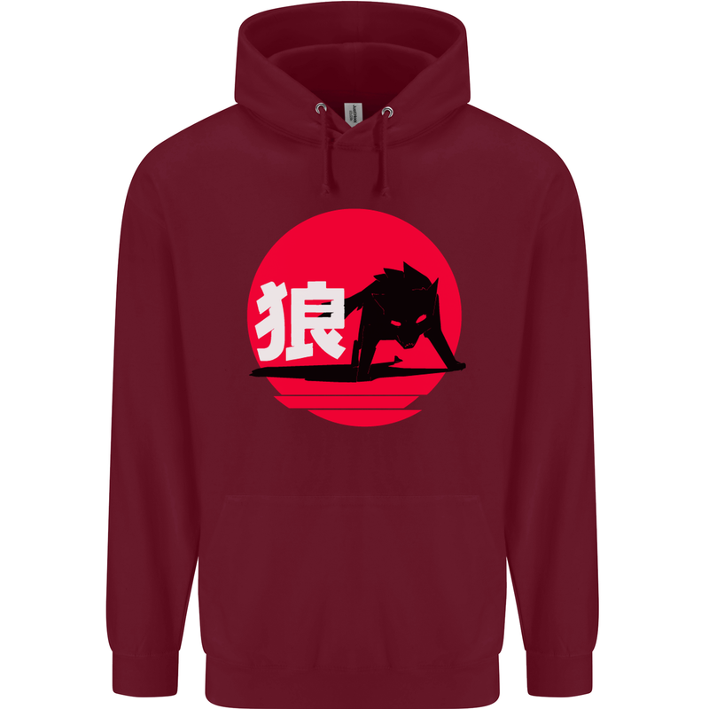 Japanese Wolf Japan Childrens Kids Hoodie Maroon