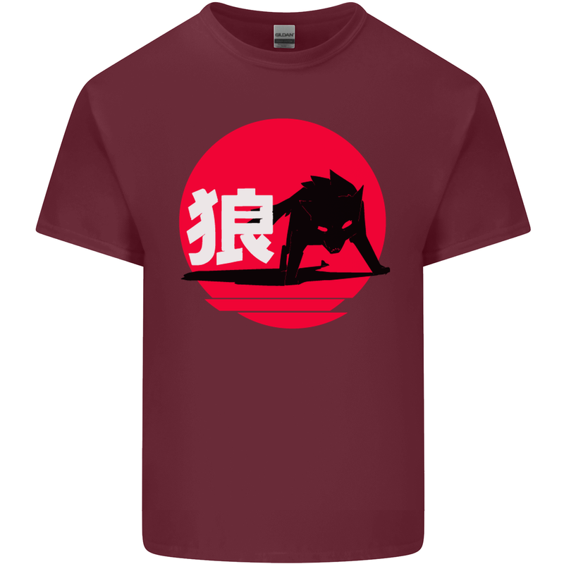 Japanese Wolf Japan Mens Cotton T-Shirt Tee Top Maroon
