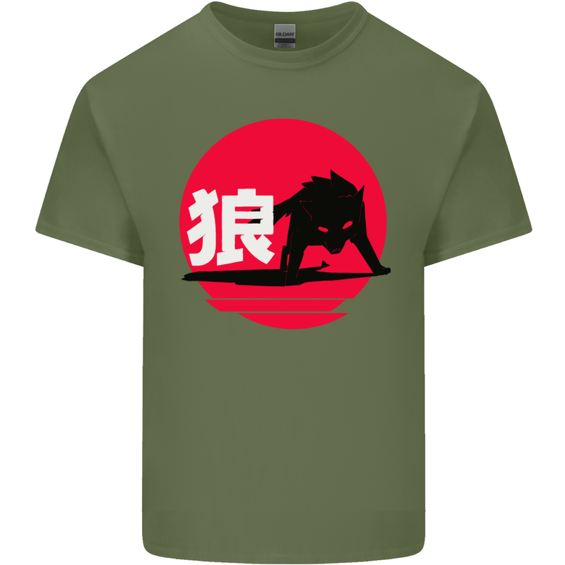 Japanese Wolf Japan Mens Cotton T-Shirt Tee Top Military Green