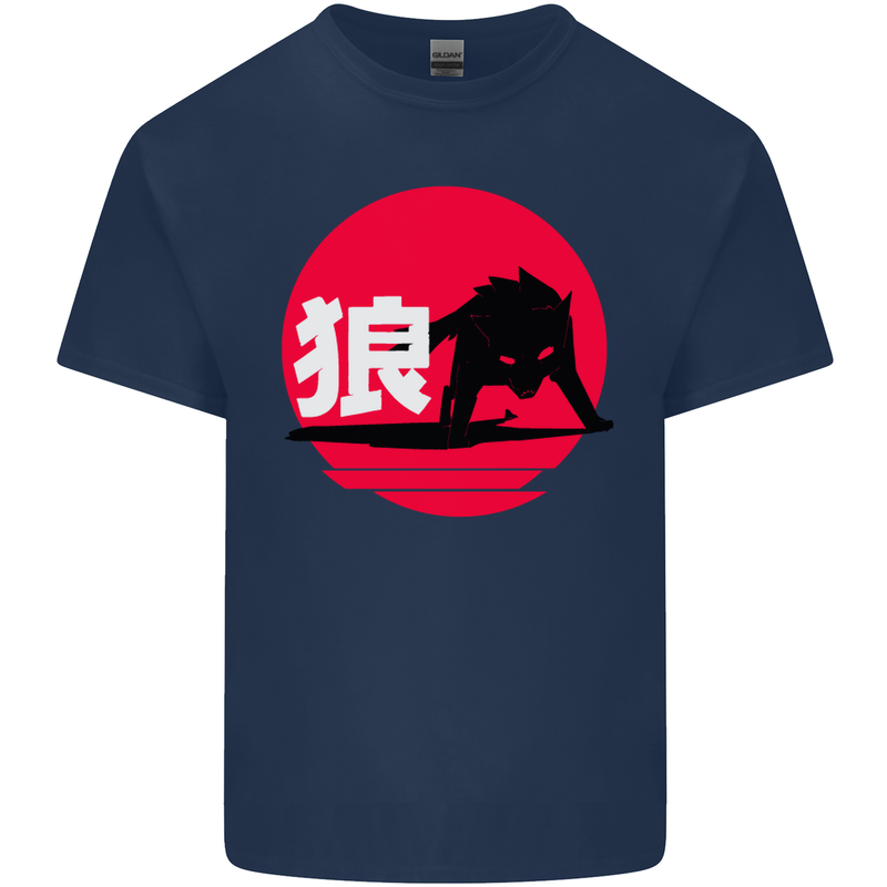 Japanese Wolf Japan Mens Cotton T-Shirt Tee Top Navy Blue