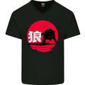 Japanese Wolf Japan Mens V-Neck Cotton T-Shirt Black