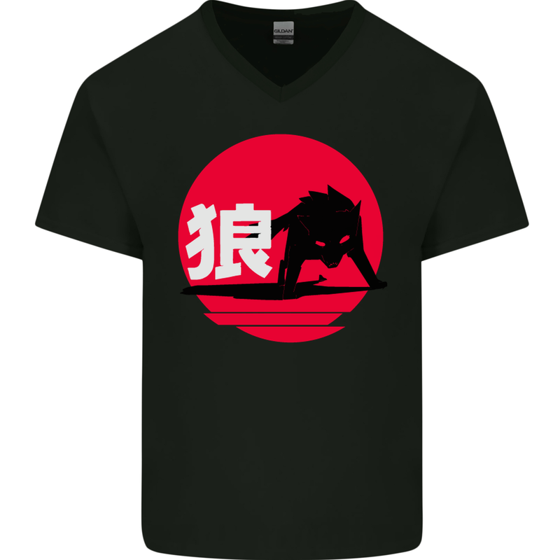 Japanese Wolf Japan Mens V-Neck Cotton T-Shirt Black