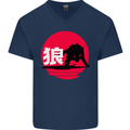 Japanese Wolf Japan Mens V-Neck Cotton T-Shirt Navy Blue