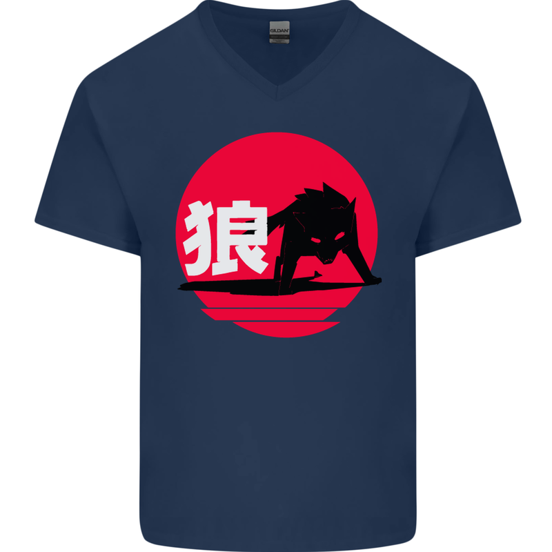 Japanese Wolf Japan Mens V-Neck Cotton T-Shirt Navy Blue