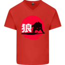 Japanese Wolf Japan Mens V-Neck Cotton T-Shirt Red