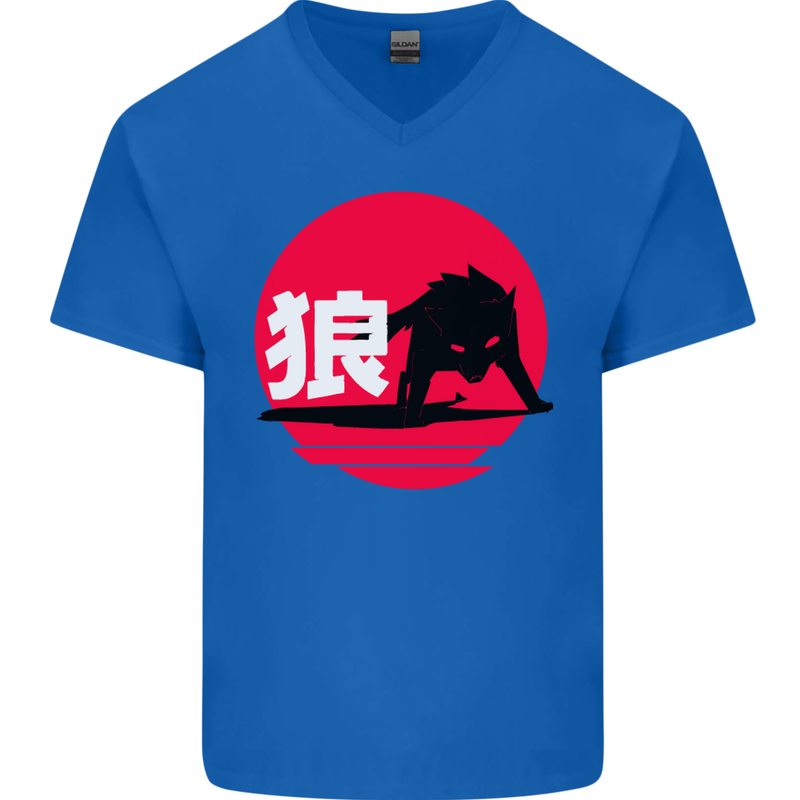 Japanese Wolf Japan Mens V-Neck Cotton T-Shirt Royal Blue