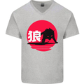 Japanese Wolf Japan Mens V-Neck Cotton T-Shirt Sports Grey