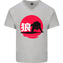 Japanese Wolf Japan Mens V-Neck Cotton T-Shirt Sports Grey
