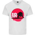 Japanese Wolf Japan Mens V-Neck Cotton T-Shirt White