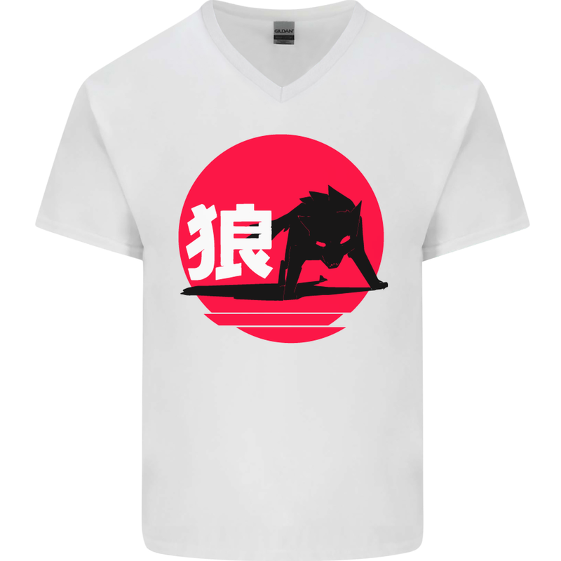Japanese Wolf Japan Mens V-Neck Cotton T-Shirt White