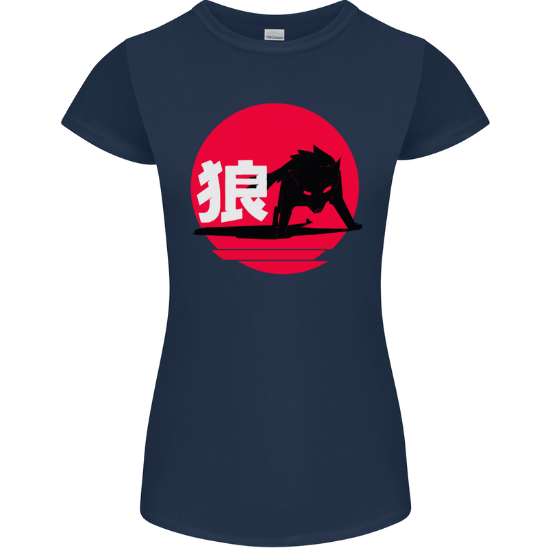 Japanese Wolf Japan Womens Petite Cut T-Shirt Navy Blue