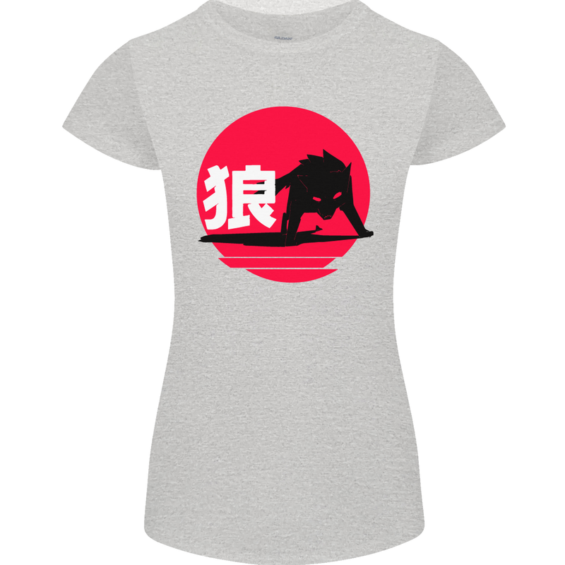 Japanese Wolf Japan Womens Petite Cut T-Shirt Sports Grey