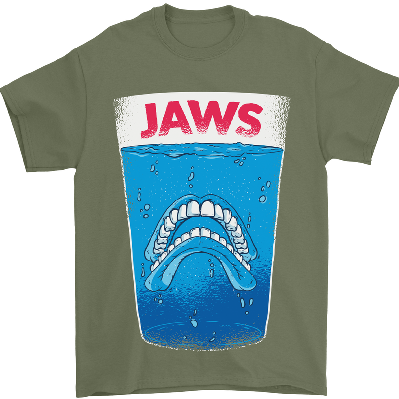 Jaws Funny Parody Dentures Skull Teeth Mens T-Shirt Cotton Gildan Military Green