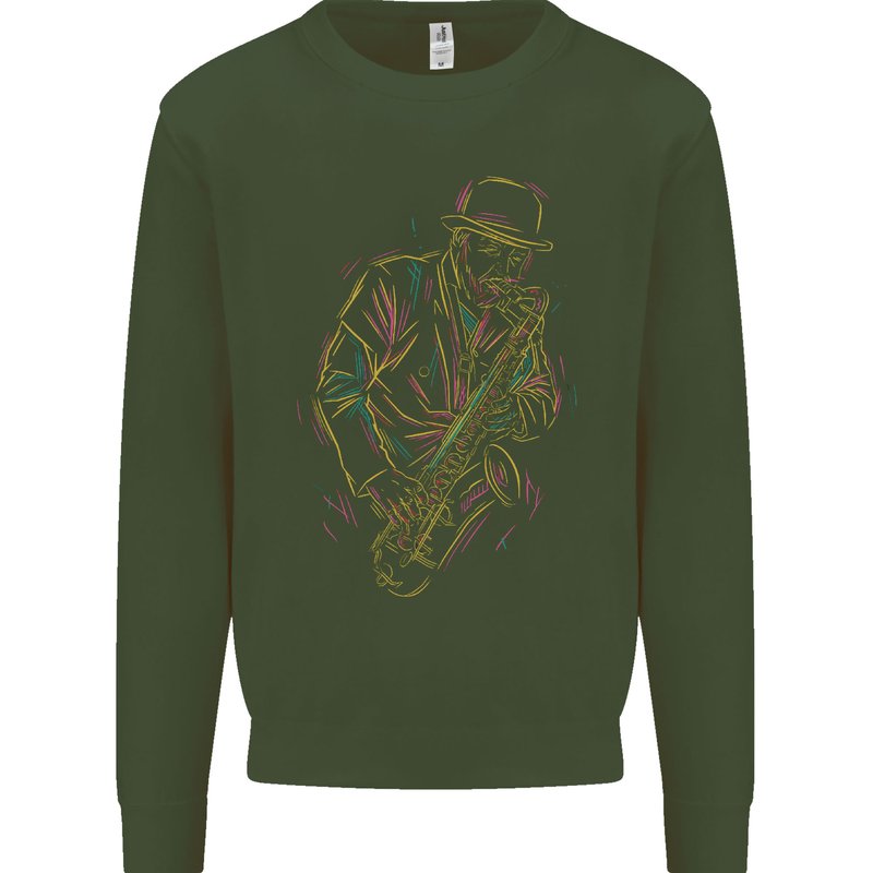 Jazz Colourful Saxophone Player Kids Sweatshirt Jumper Forest Green