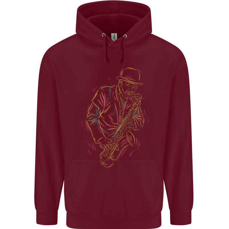 Jazz Colourful Saxophone Player Mens 80% Cotton Hoodie Maroon