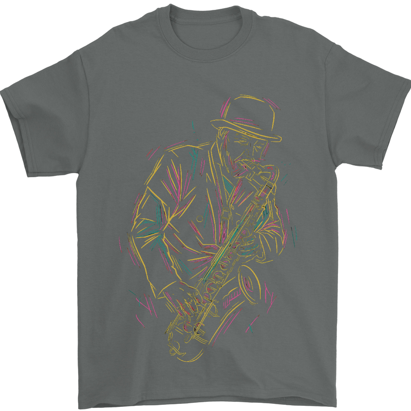 Jazz Colourful Saxophone Player Mens T-Shirt Cotton Gildan Charcoal