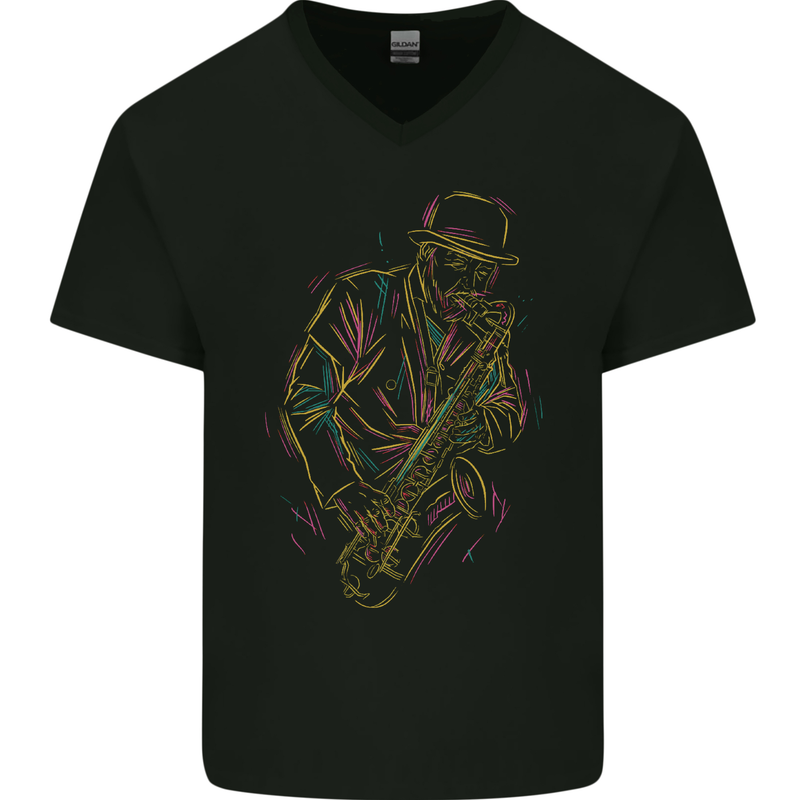 Jazz Colourful Saxophone Player Mens V-Neck Cotton T-Shirt Black