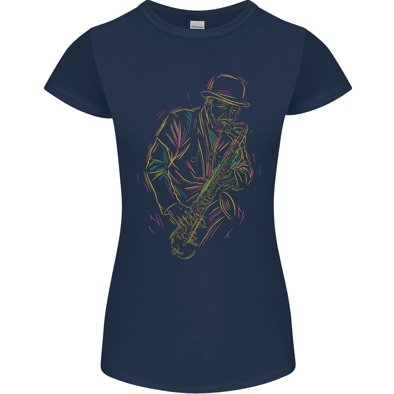 Jazz Colourful Saxophone Player Womens Petite Cut T-Shirt Navy Blue