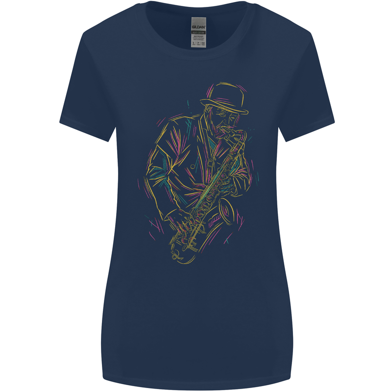 Jazz Colourful Saxophone Player Womens Wider Cut T-Shirt Navy Blue