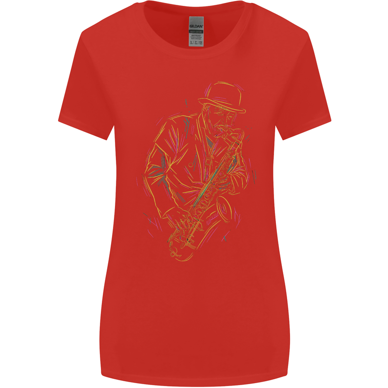Jazz Colourful Saxophone Player Womens Wider Cut T-Shirt Red